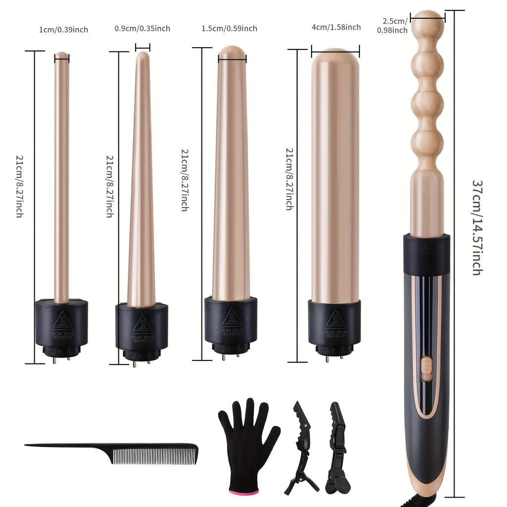 Hair Curling Wand 5in 1 Hair Curlers Iron Set 0.4" - 1.25" with 5 Ceramic Interchangeable Barrel
