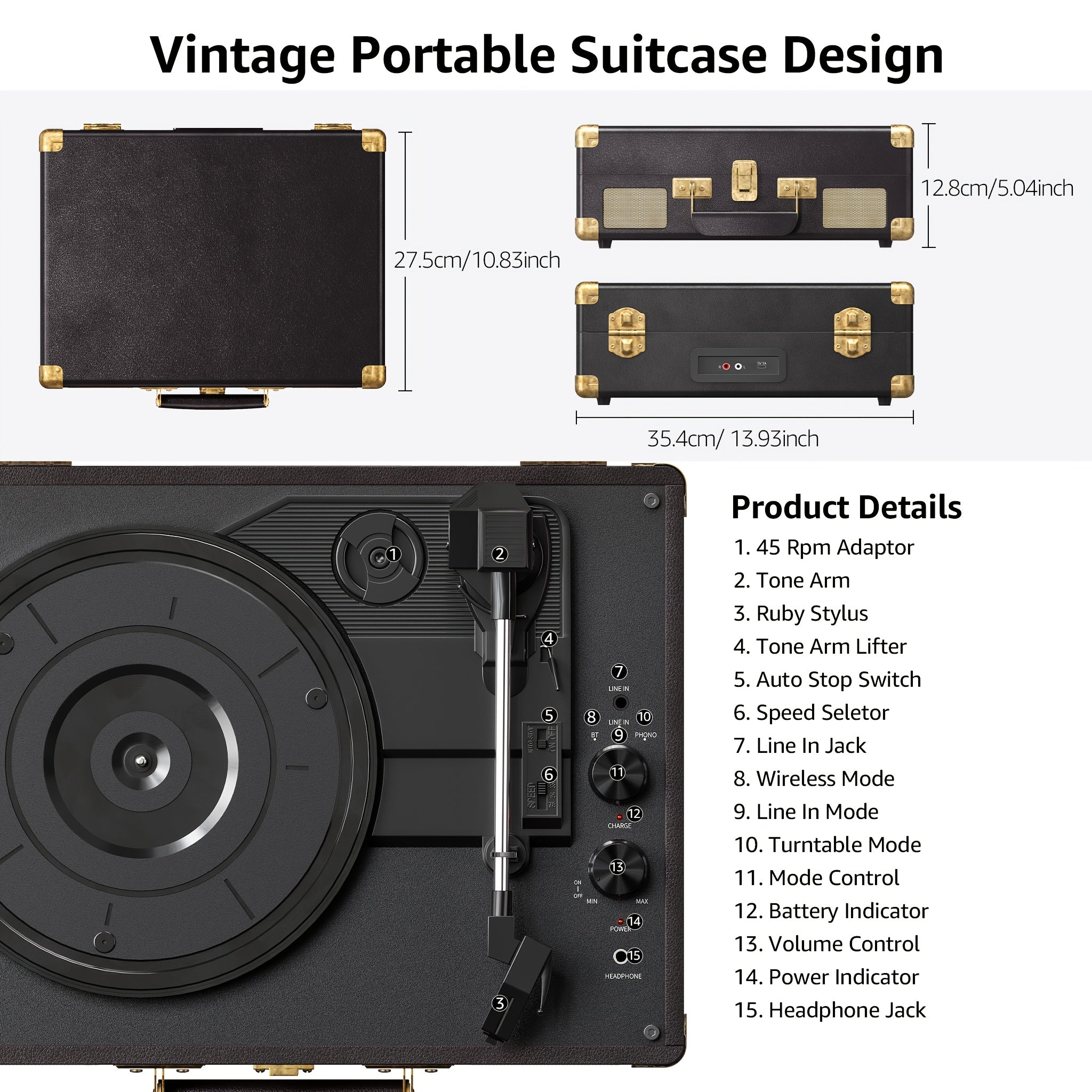 Portable Silwisun Vinyl Record Player with 3-Speed Turntable, Built-In Battery & Speakers, Wireless Connectivity, Aux/RCA Input, Type-C Charging