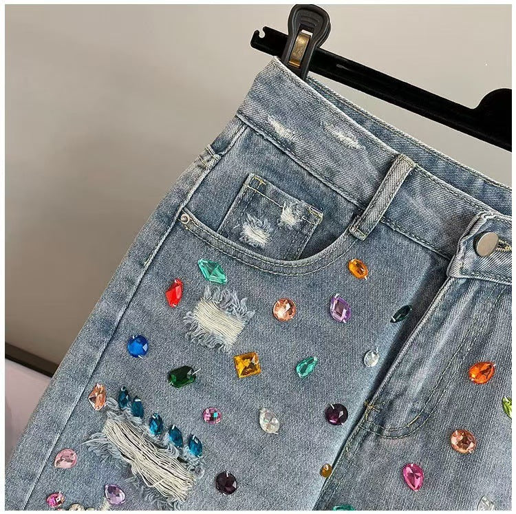 High-Waist Rhinestone Capris