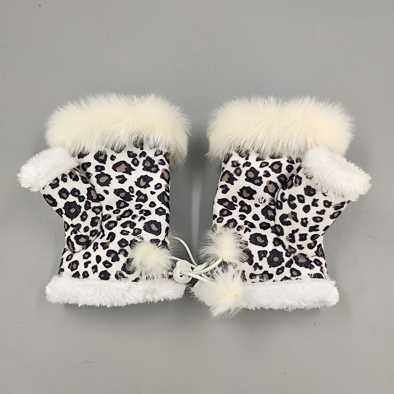 Leopard Print Plush Faux Fur Mittens