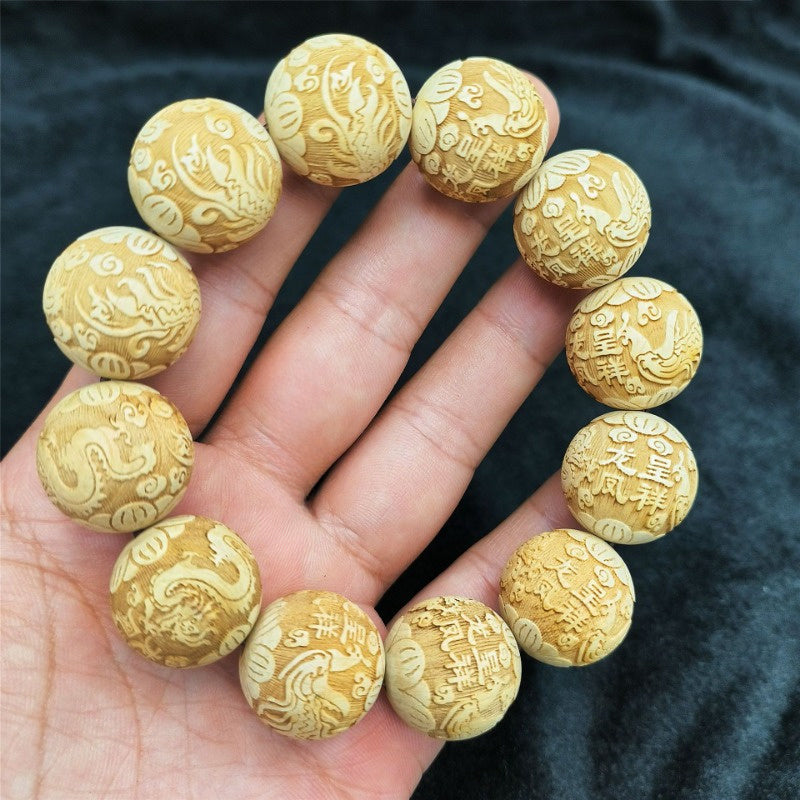 Wooden Carved Bracelet with Dragon and Phoenix Auspicious Patterns