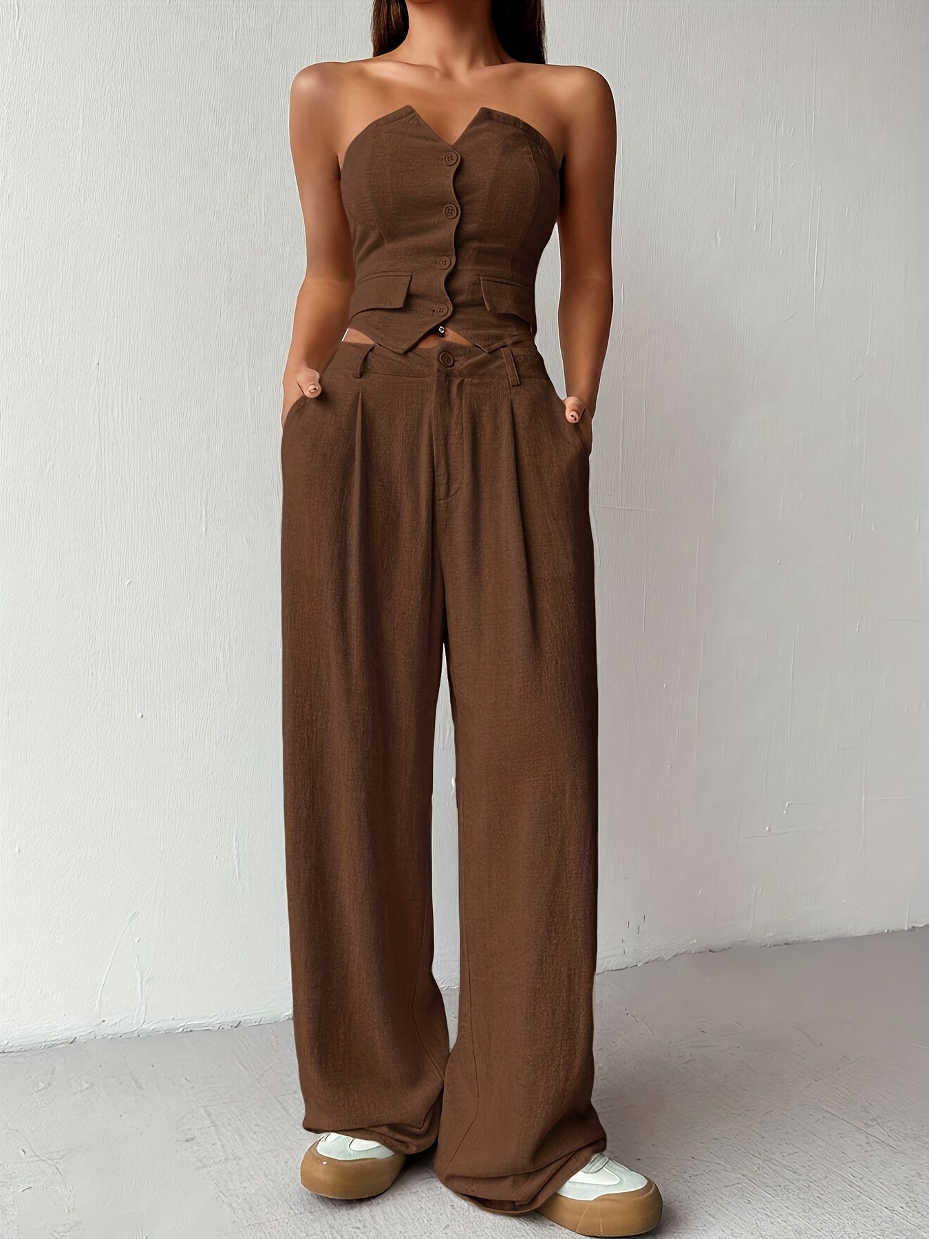 Single-Breasted Corset Top & Wide-Leg Pants Suit