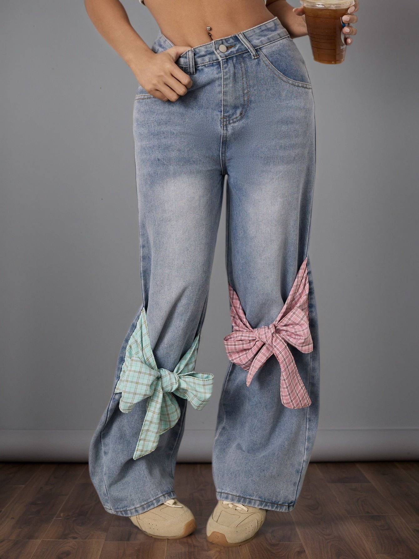 Light Wash Wide-Leg Jeans with Plaid Bow Accents