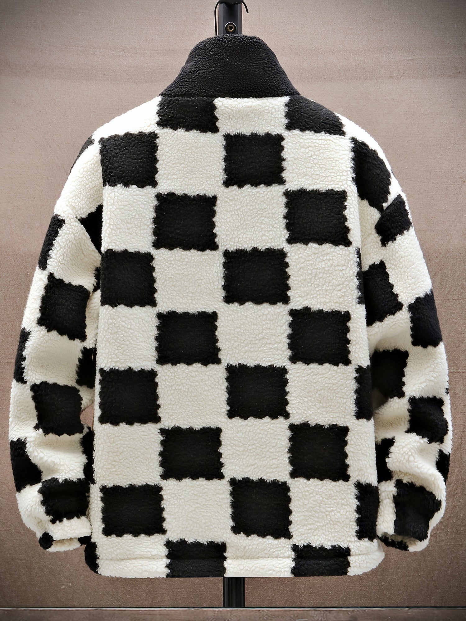 Blue & White Plush Checkered Winter Coat