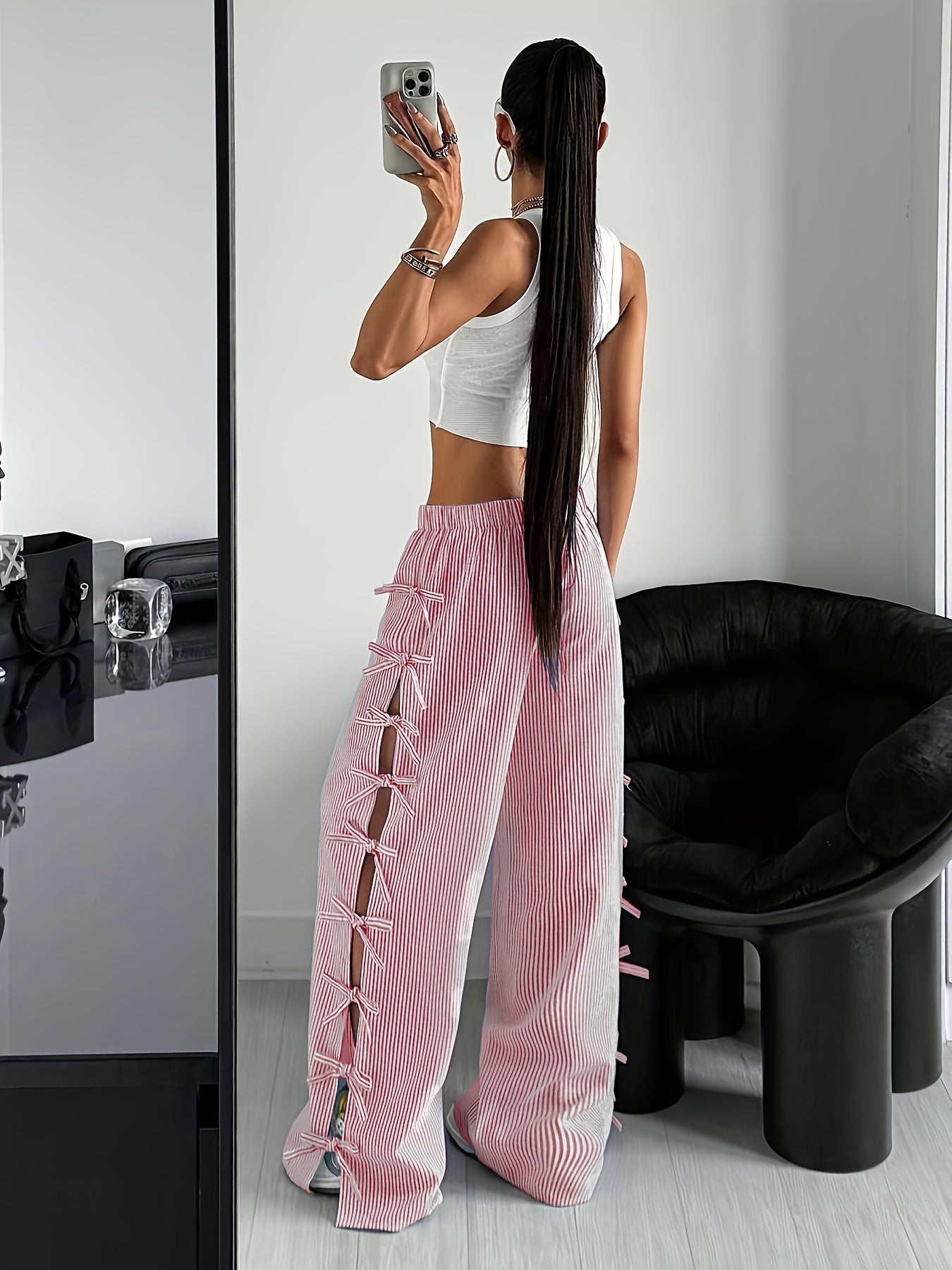 Pink & White Horizontal Striped Wide-Leg Bell-Bottom Pants with Ruffled Hem & Bow Tie Waist
