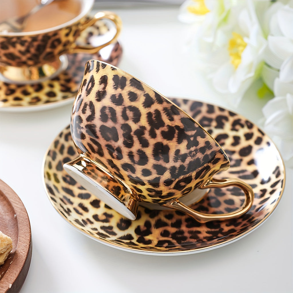 Leopard Print Ceramic Tea Cup、Spoon And Saucer Set