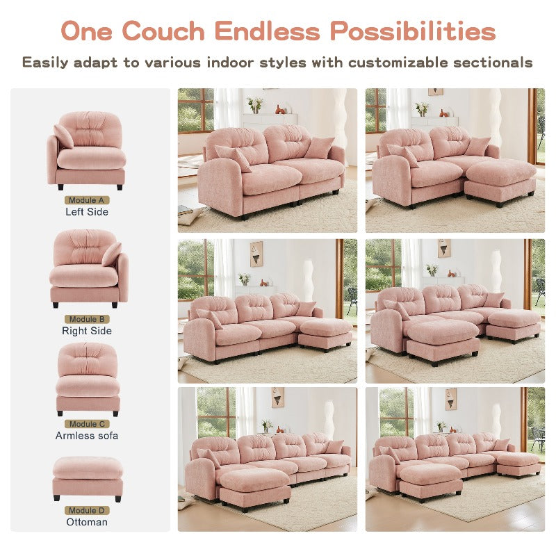Pink L-Shaped Sectional Sofa with Ottoman