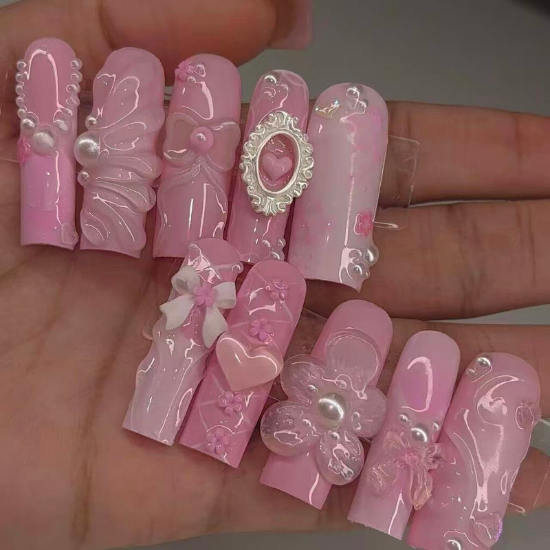 10pcs Full Coverage Reusable Nail Stickers - Long Rectangular Shape with Pink & Gradient, Glossy Finish, Heart & Flower Design, Perfect for Valentine'S Day, And Romantic Nail Art, Nail Stickers For Nail Art, Valentine'S Day N