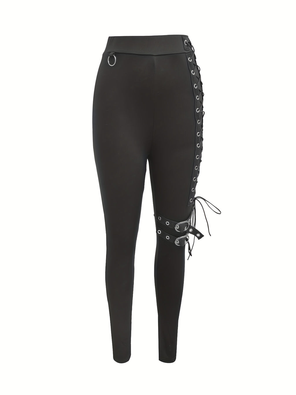 High-Waisted Tight Pants with Cross Strap & Buckle