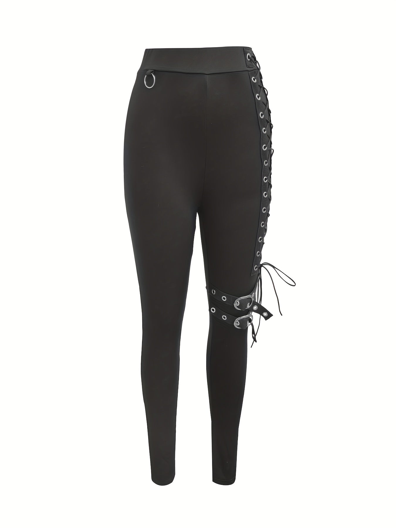 High-Waisted Tight Pants with Cross Strap & Buckle