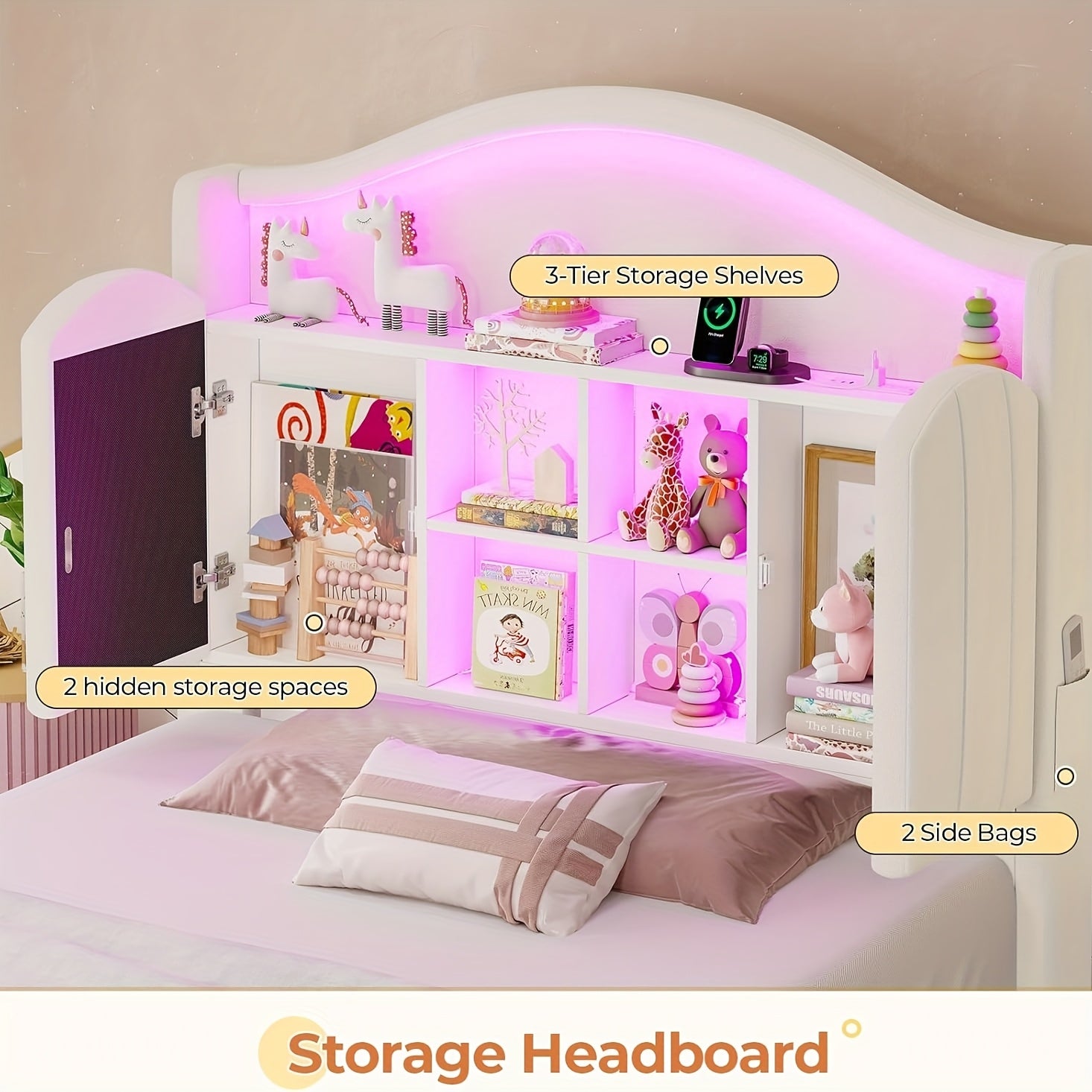 Upholstered Princess Twin Bed with LED Lights & Power Outlts