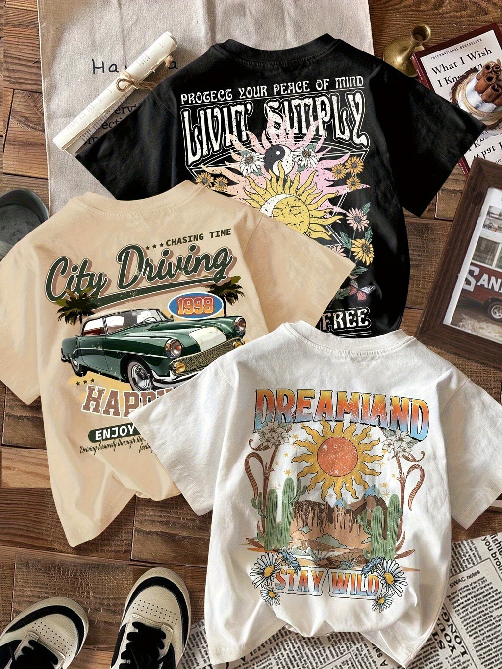 Women'S Fashion Casual T-Shirt Three-Piece Set - "Live Free" Graphic Tee with Floral & Sun Design, "City Driving" Short Sleeve Shirt, and "Dreamland" Long Sleeve Top - All-Season Comfort, Casual Wear|Floral Sun Design|Short S