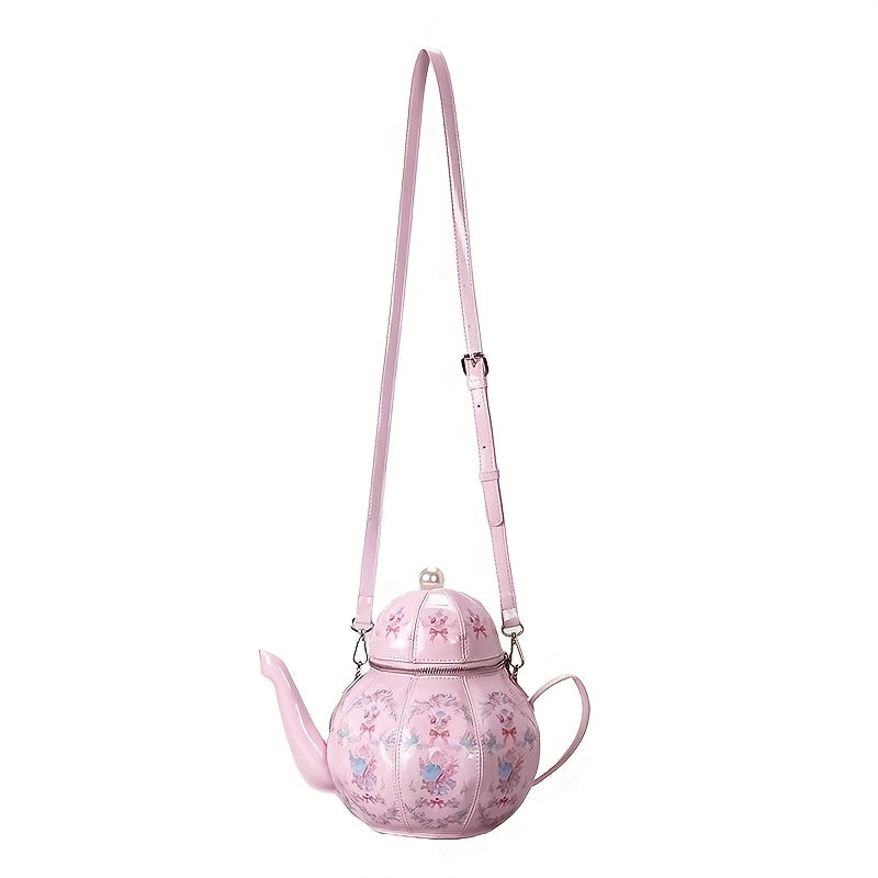 Pink Floral Tea Society Handbag for Women - Chic Designer Handbag with Pearl Strap, Adjustable & Stylish, Polyester Lined, Zip Closure, Perfect for Everyday Use Or Special Occasion
