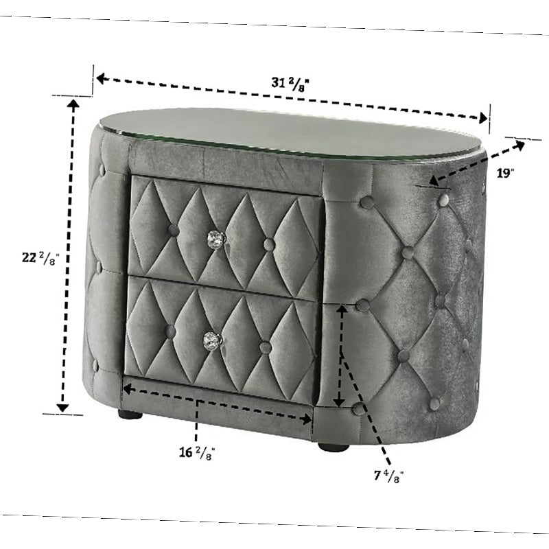 1pc Luxurious Oval Nightstand with Plush Upholstery, 8mm Tempered Glass Top & Two Storage Drawers - Elegant Black Finish, Rounded Sides & Sparkling Knobs - Modern Bedside Furniture with Tufted-Like Headboard Design, No Assemb