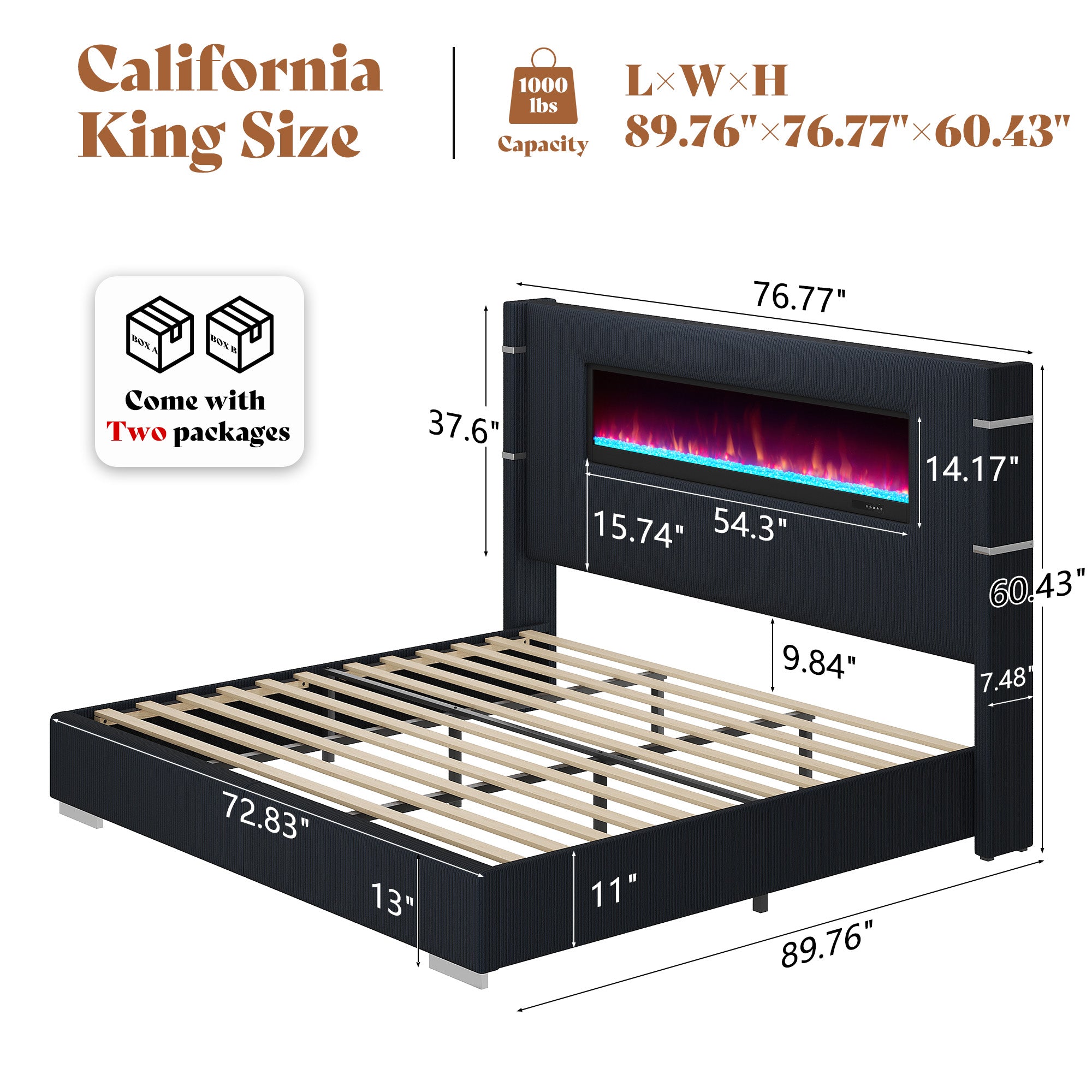 Modern California King Size Bed Frame with Electric Fireplace