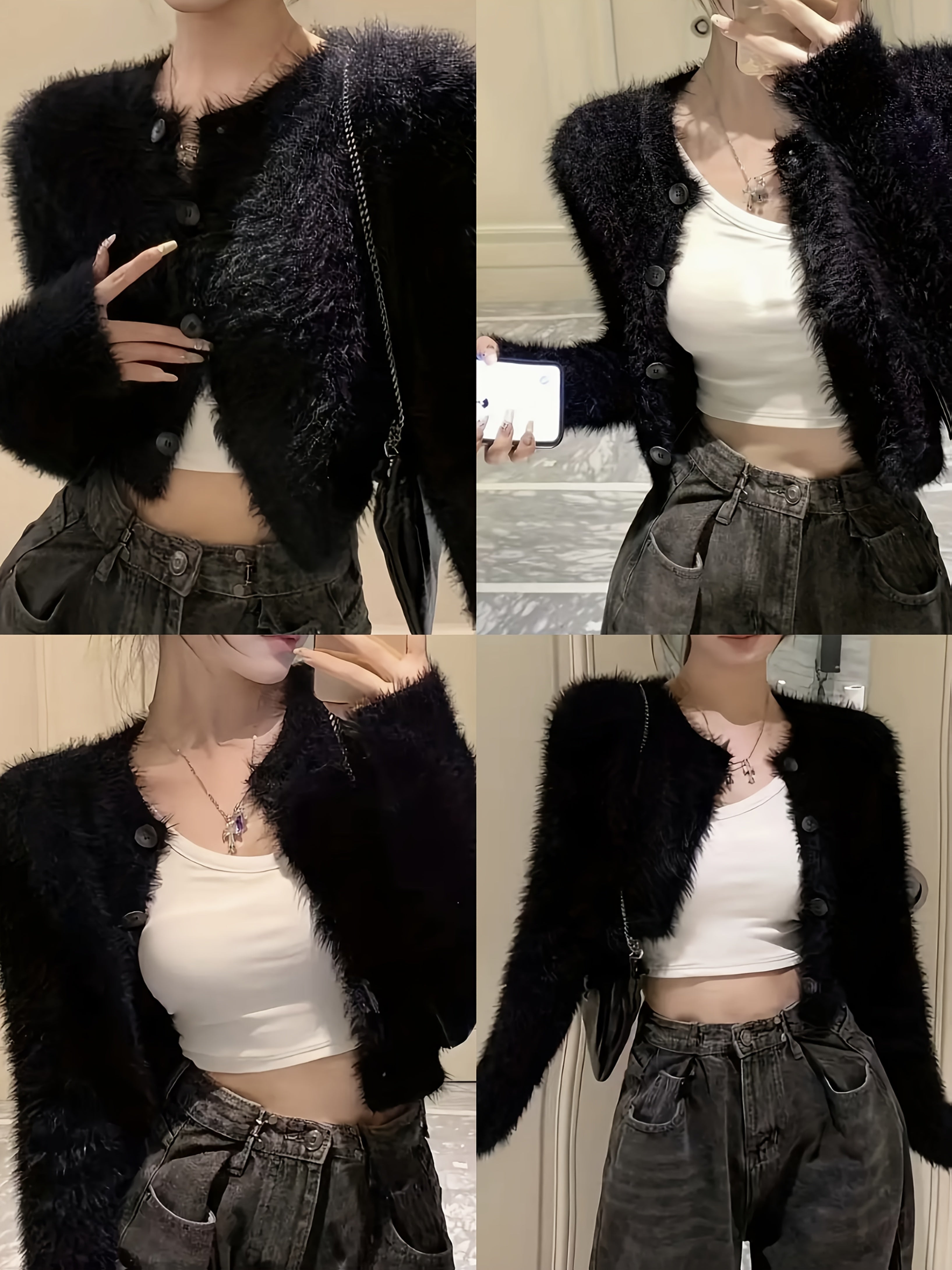 Women's Sexy Plush Cardigan - Black Faux Fur Trim Cropped Button-Front Sweater, Soft Warm Open Front Design for Spring/Autumn, Versatile Chic Layering Piece for Casual to Formal Outfits, Cardigan Sweater, Autumn Wardrobe, Tre