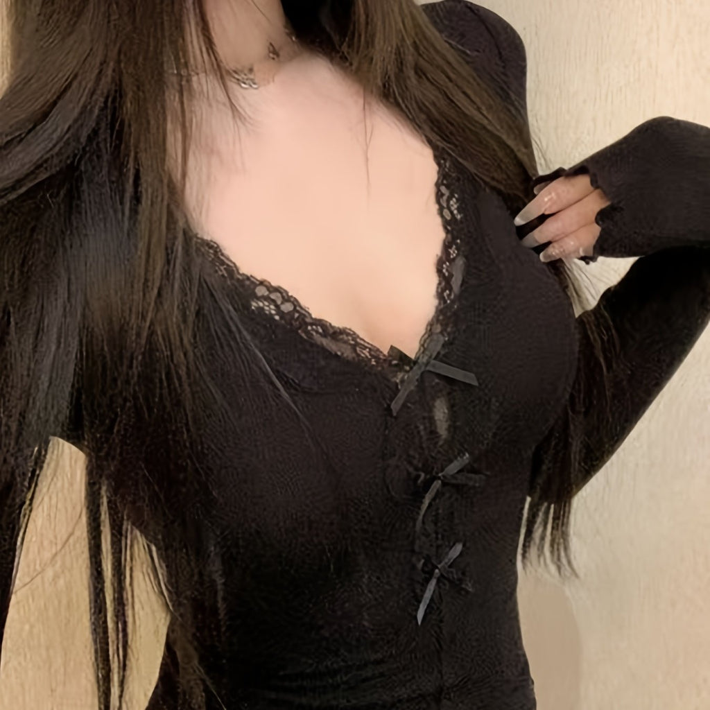 2024 New Arrival - Elegant V-Neck Long Sleeve Top with Bow Detail, Lace Trim & Ruffled Hem - Slim Fit, Sexy & Chic Women'S Fashion for Spring/Fall, Autumn Fashion Top | Elegant Vneck Top | Glossy Texture