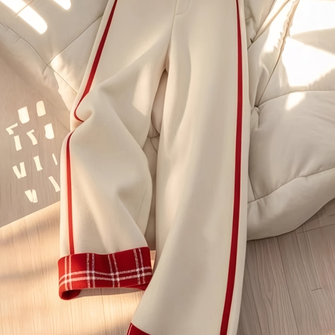 Women's Wide-Leg Pants - Beige and Red Non-Stretch Trousers, Machine Washable All-Season Formal & Casual Outfits for Christmas, Parties, Casual Attire - Non-Stretchy Leg Pants, Party Outfit, Stylish Trousers, Smooth Fabric, E