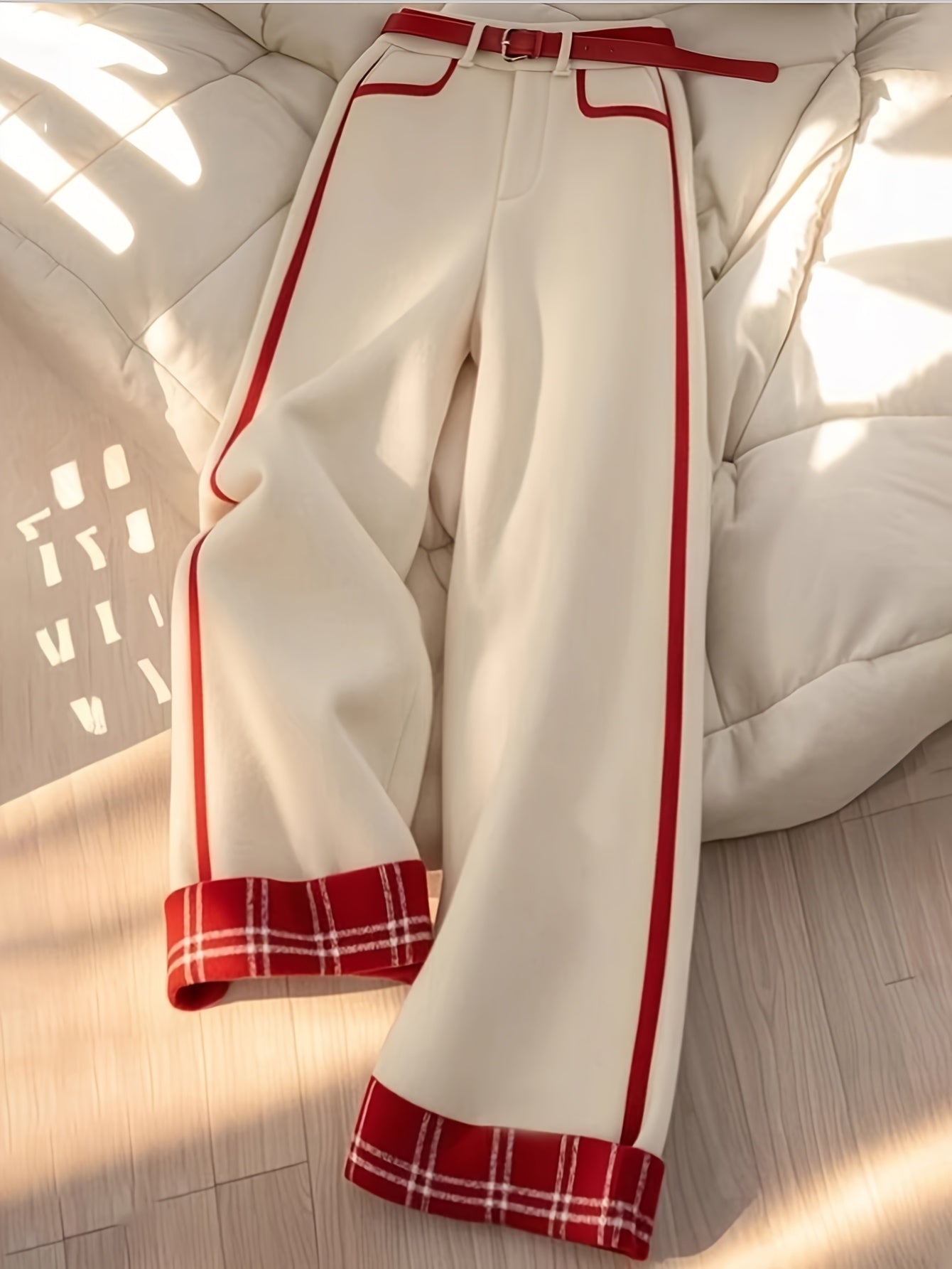 Women's Wide-Leg Pants - Beige and Red Non-Stretch Trousers, Machine Washable All-Season Formal & Casual Outfits for Christmas, Parties, Casual Attire - Non-Stretchy Leg Pants, Party Outfit, Stylish Trousers, Smooth Fabric, E