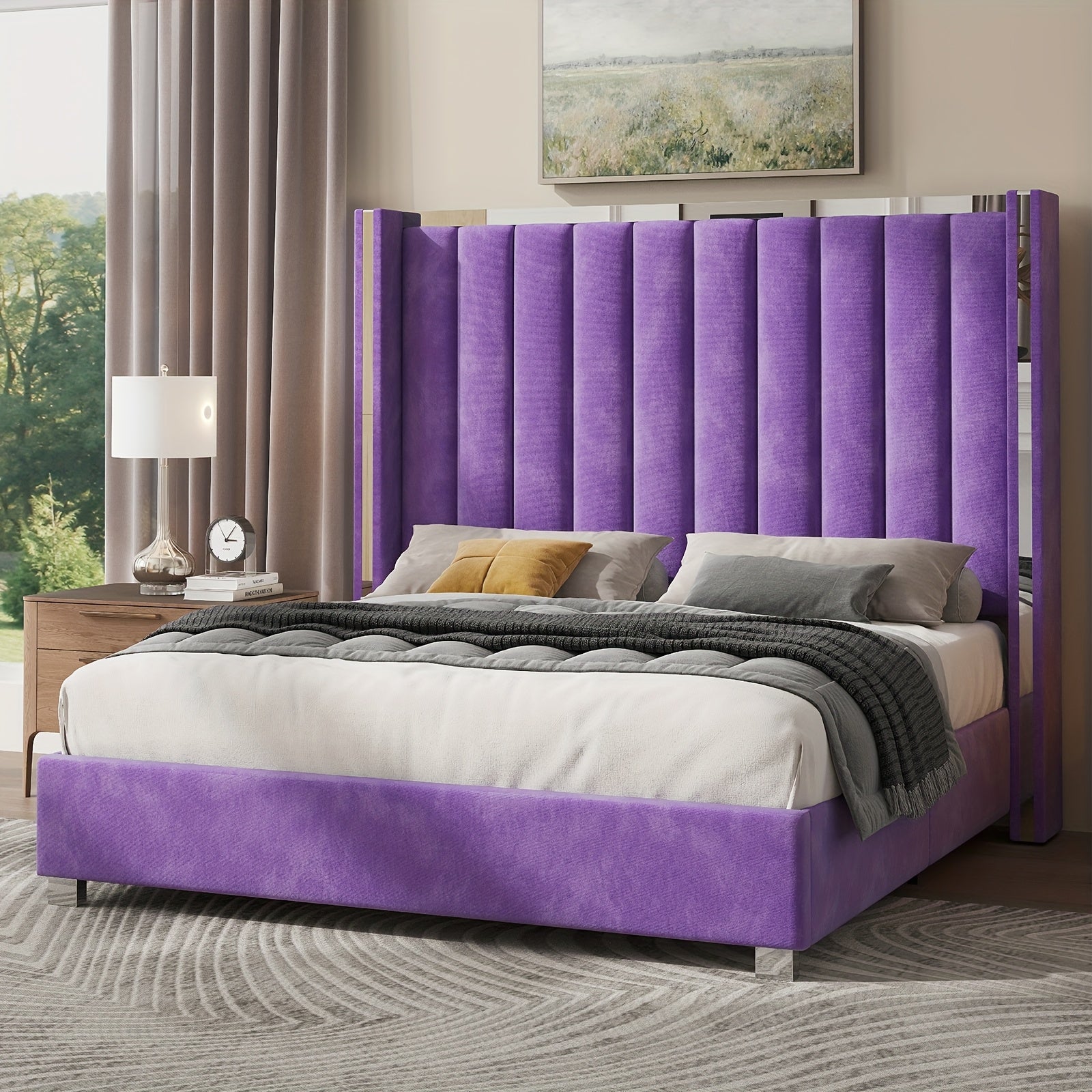 Modern Velvet Platform Bed with Channel Tufted Wingback Headboard