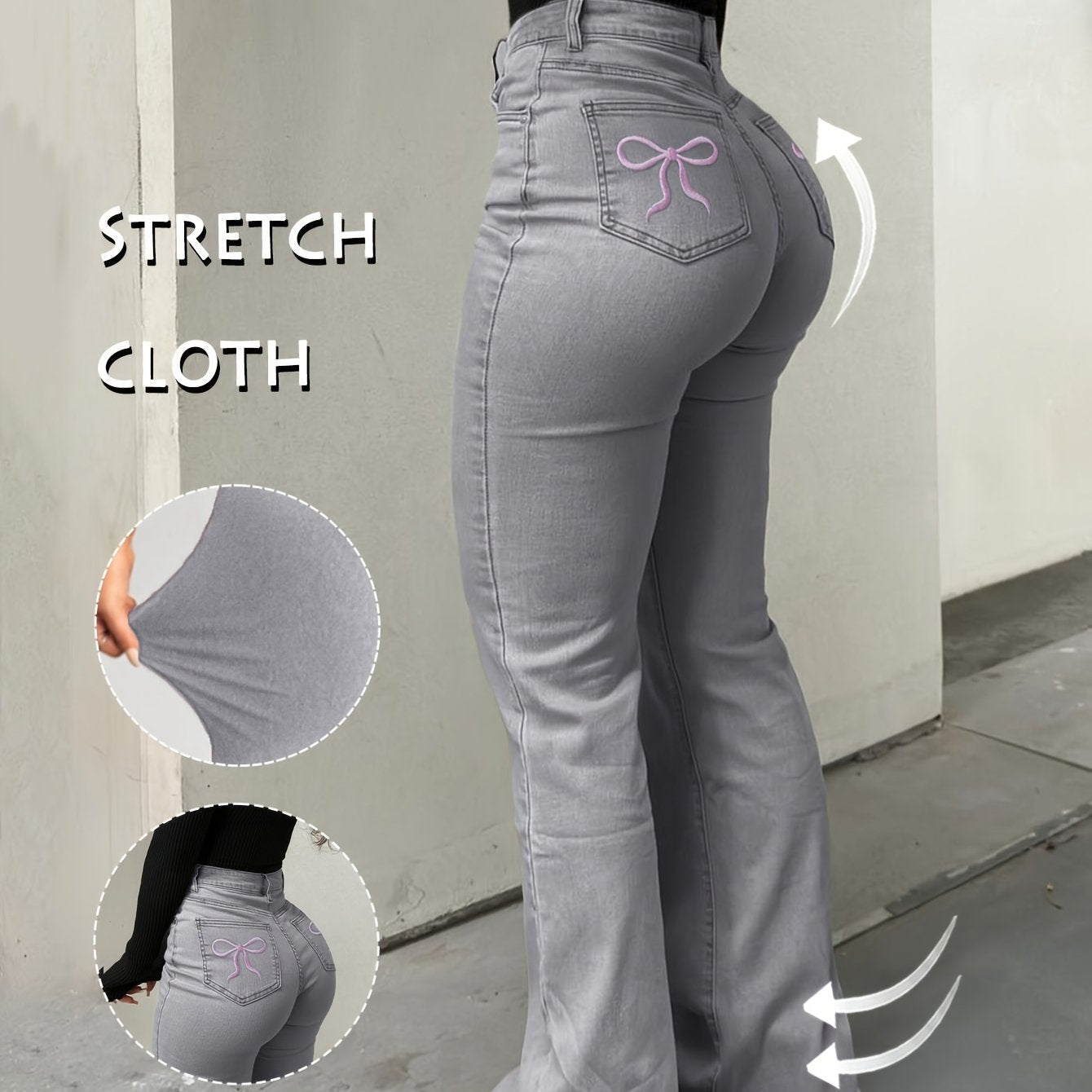 Women'S High-Waisted Stretch Denim Flare Jeans with Embroidered Bow Detail, Street Style Casual Pants, All-Season Comfort, Blue, High Waisted Jeans, Comfortable Fashion, Durable Fabric