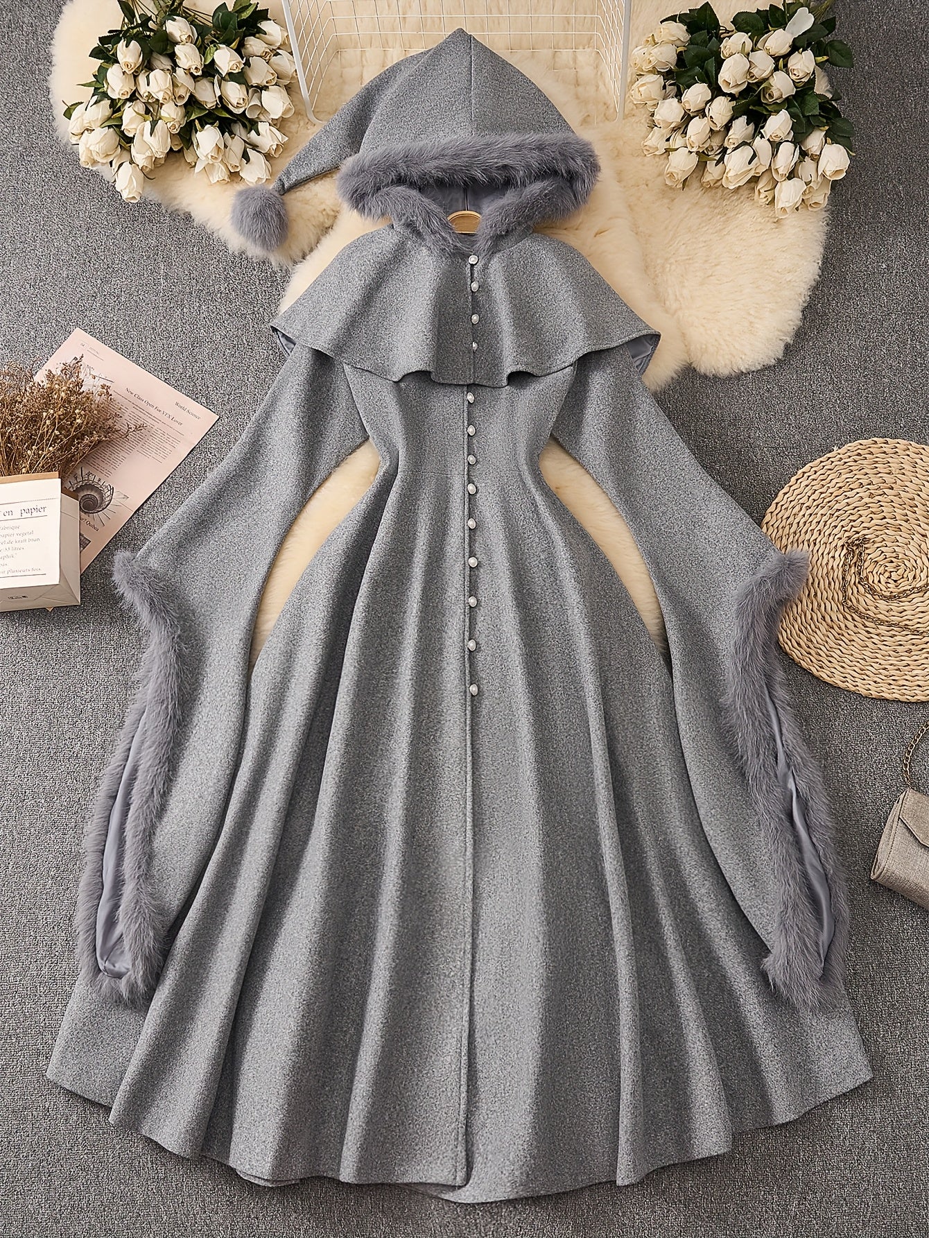 Winter Coat & Dress Set with Faux Fur Collar & Waist-Cinching Belt