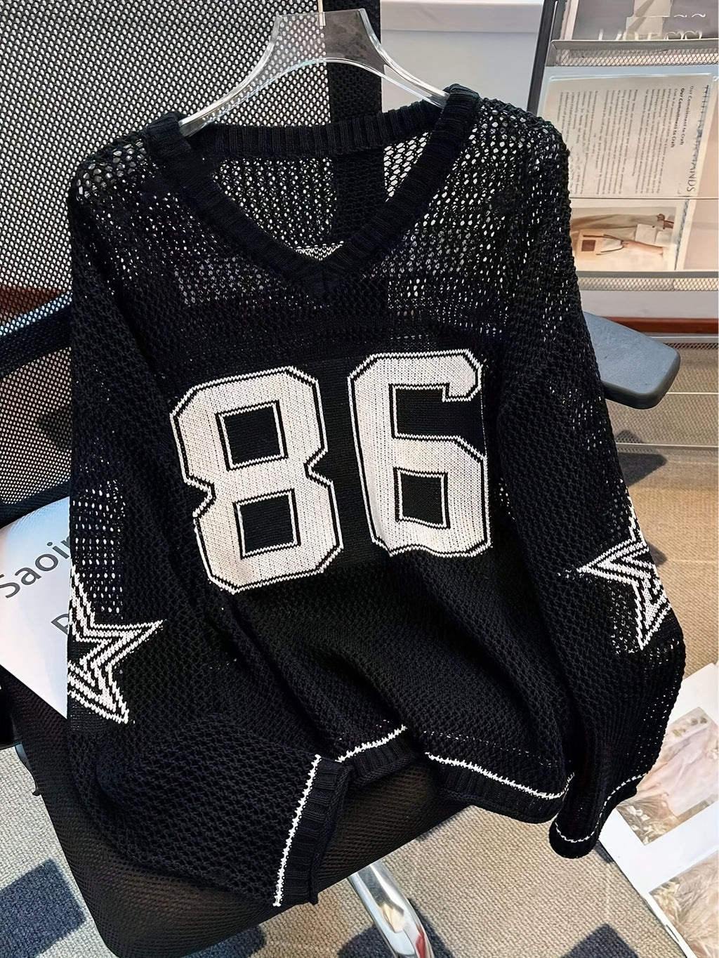 Women's Y2K Top - V-Neck Long Sleeve Mesh Blouse with 86 & Star Cut-Out Design, Breathable Black/White Contrast for Spring/Summer Casual Outfits, Cute Blouse, Versatile Clothing, Contrast Color Design