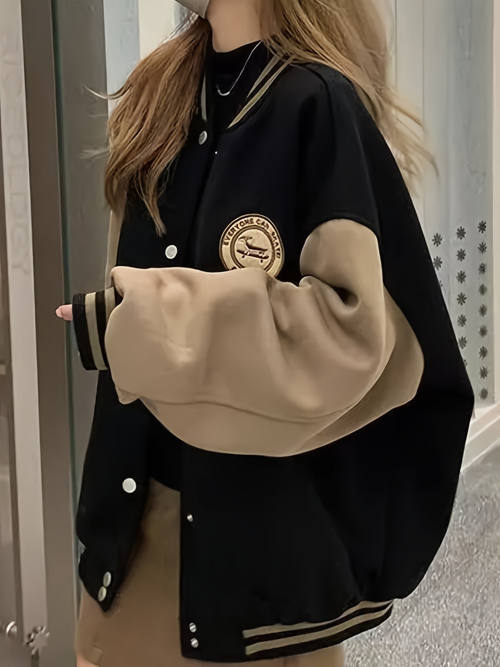 Women's Retro-Inspired Baseball Jacket - Casual, Thick & Loose Fit with Button Detail, Machine Washable