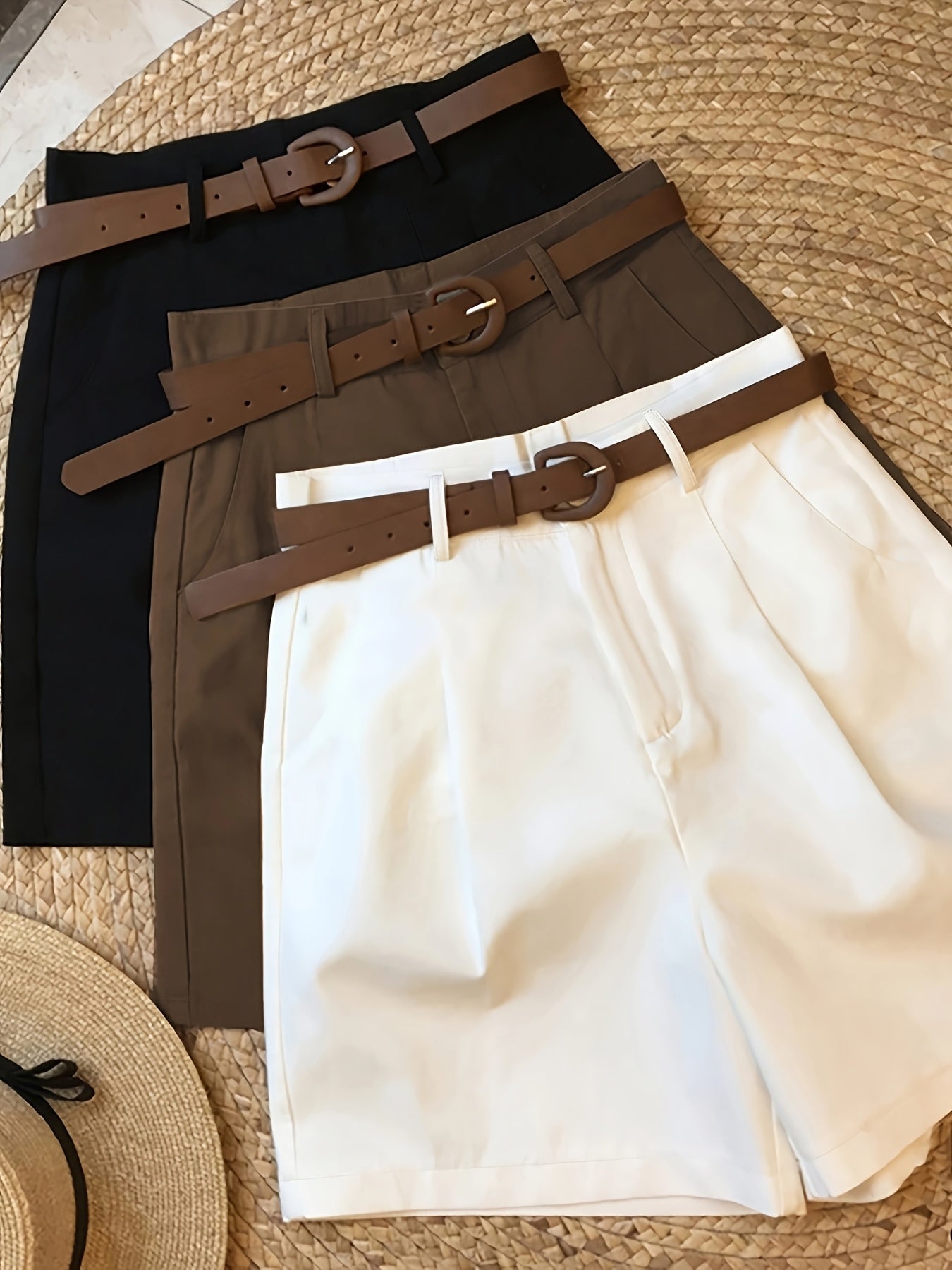 Women'S Elegant Three-Piece Set - Solid Color Shorts with Zipper Pockets, All-Season Casual & Formal Wear, Beige/Black/Brown, Comfortable Fabric