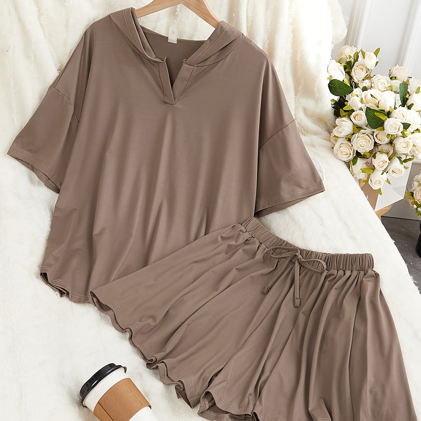 Casual Solid Color Hoodie Sweatshirt and Drawstring Shorts Set