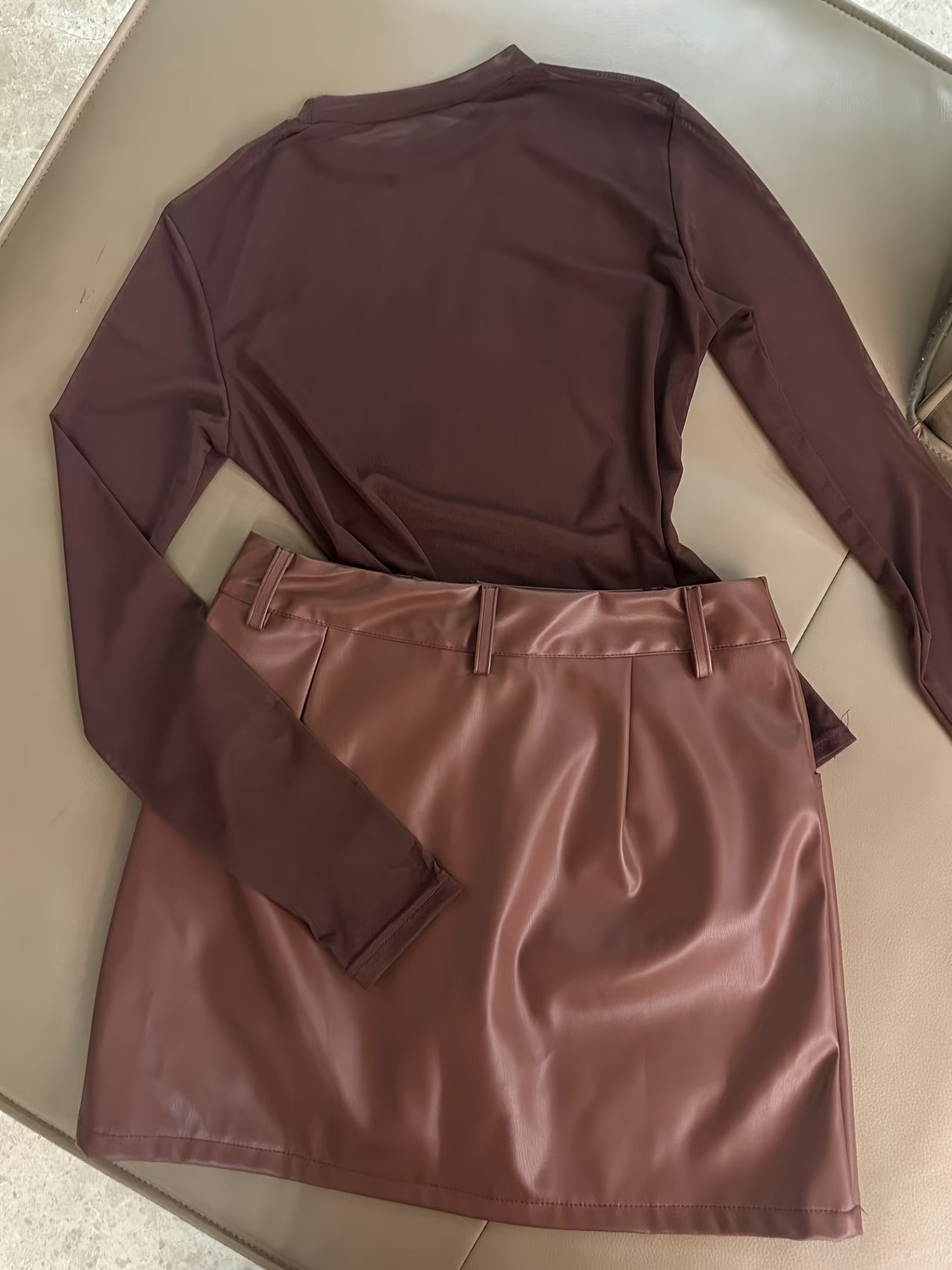 Semi-Sheer Mesh Pullover Long Sleeve T-Shirt + Waist Bag Skirt Set