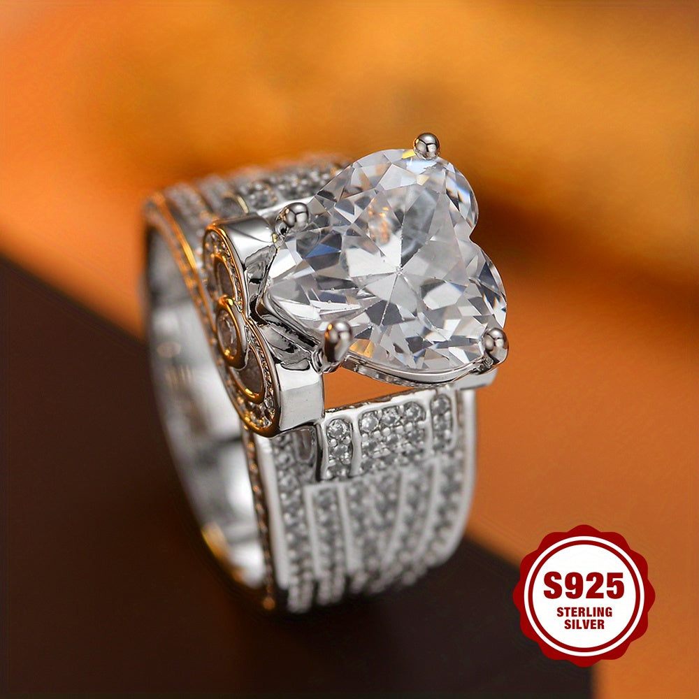 925 Sterling Silver Women'S Wedding Ring with Heart-Shaped 5A Zirconia Design