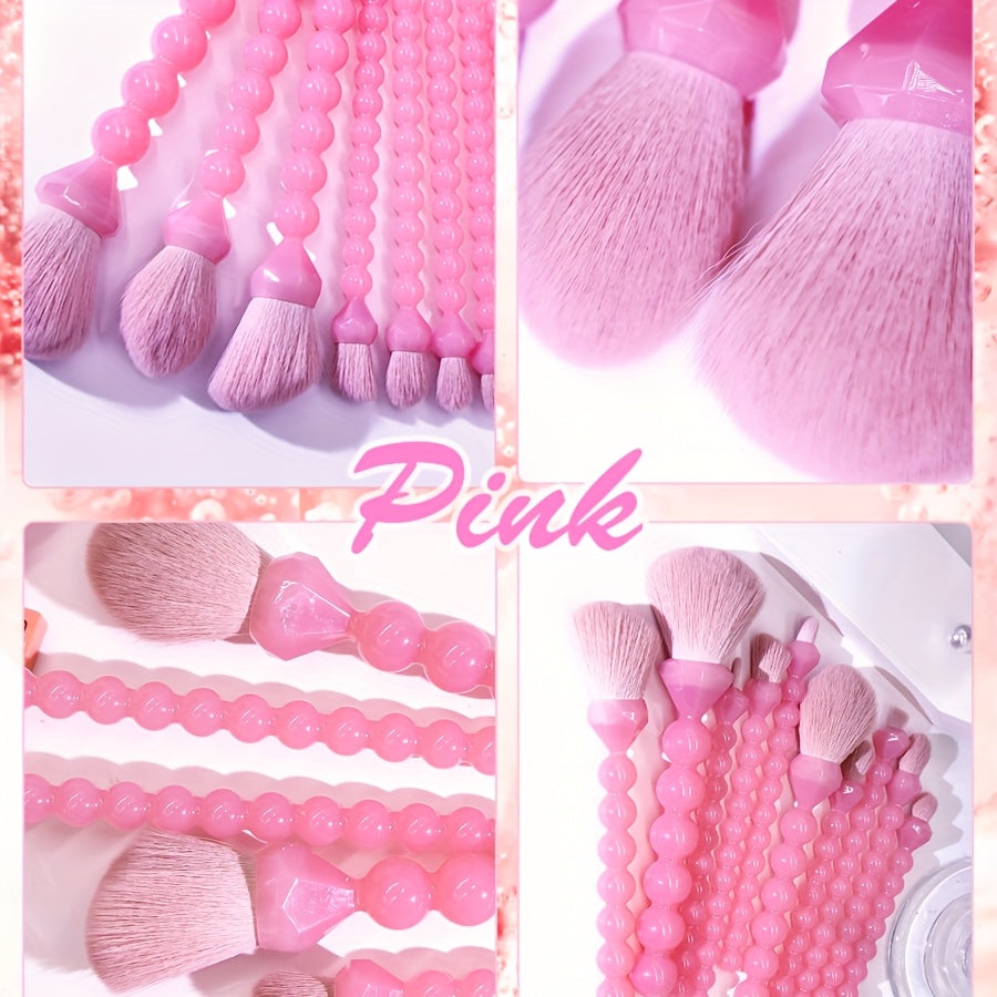10pcs Pink Pearl Shaped Makeup Brush+3 Powder Puff Full Set Makeup Brushes