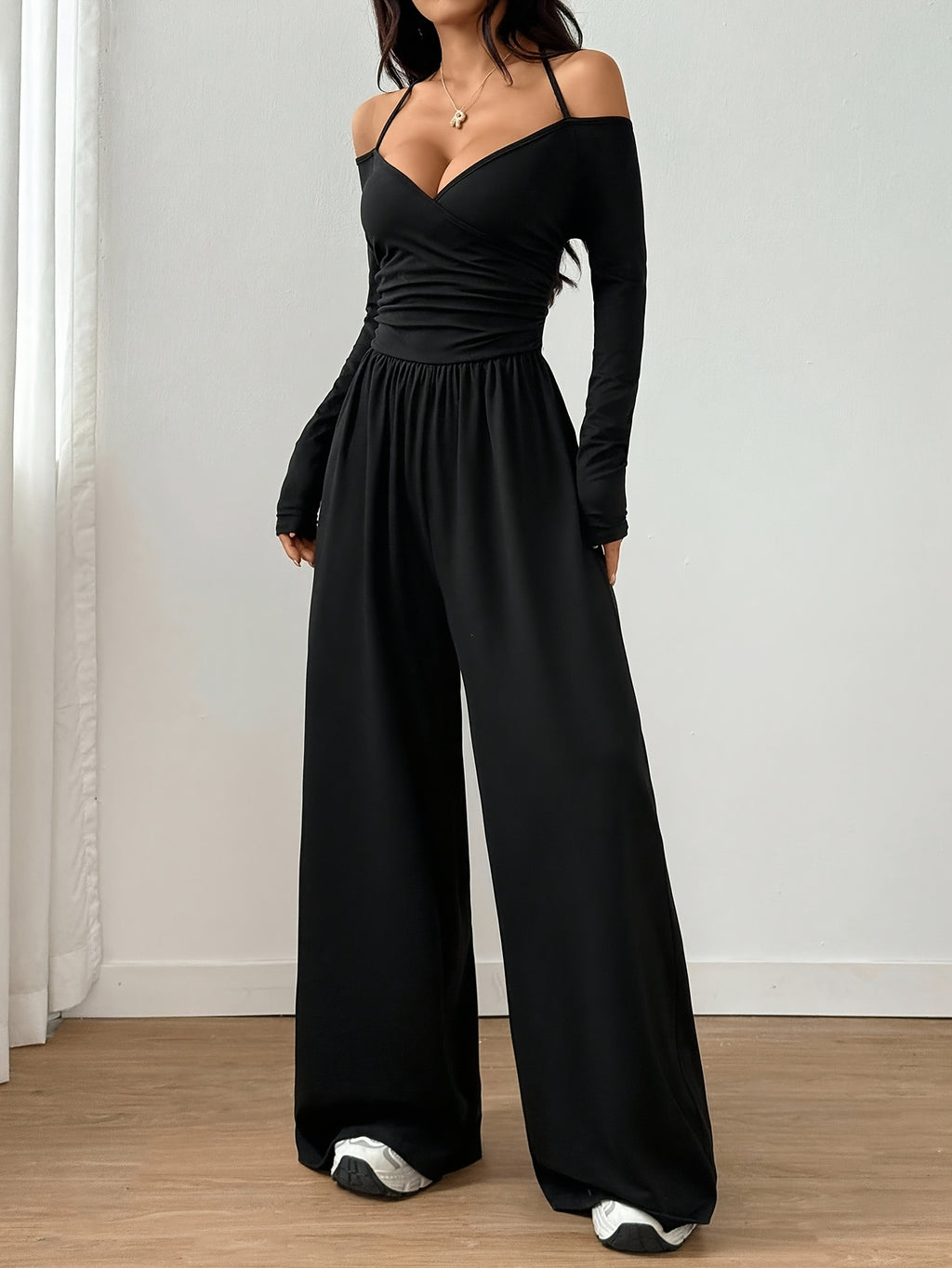 Off-Shoulder V-Neck Jumpsuit with Ruched Wide Legs