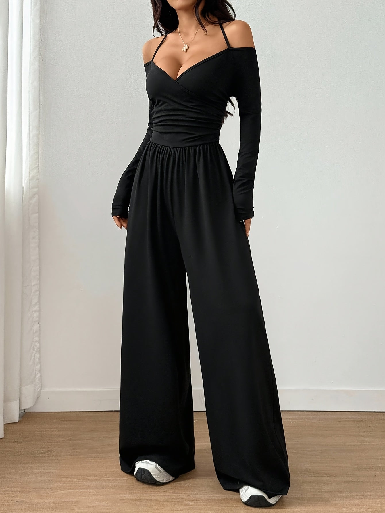 Off-Shoulder V-Neck Jumpsuit with Ruched Wide Legs