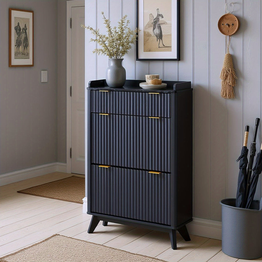 Wave-patterned Shoe Cabinet Featuring 2 Flip Drawers And A Top Drawer, 48-inch Tall Narrow Shoe Organizer, Curved Profile Design, Wooden Shoe Rack for Entryways, Entryway Storage, Hallway Furniture, Contemporary Design, Sleek