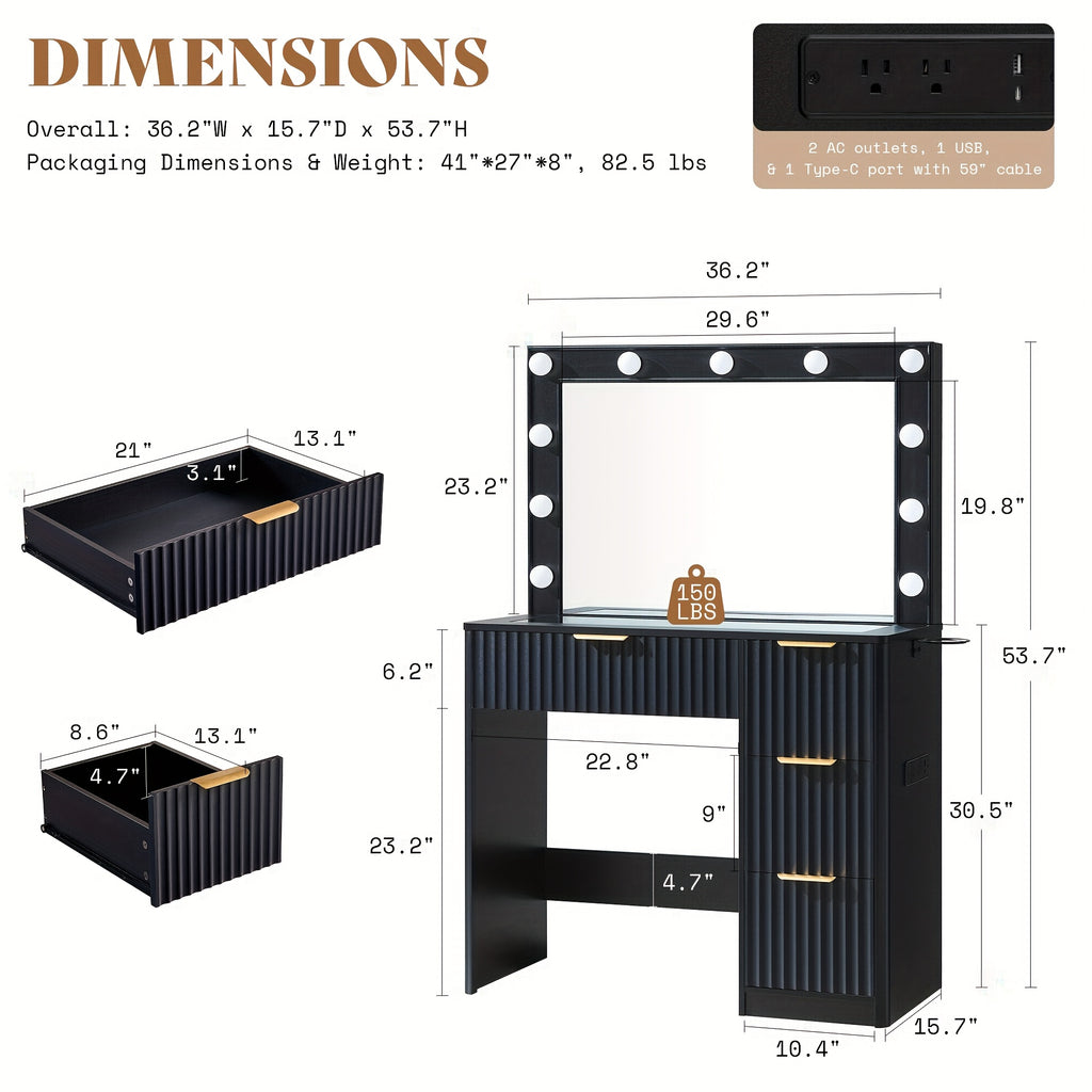 Fluted Vanity Desk With Large Mirror