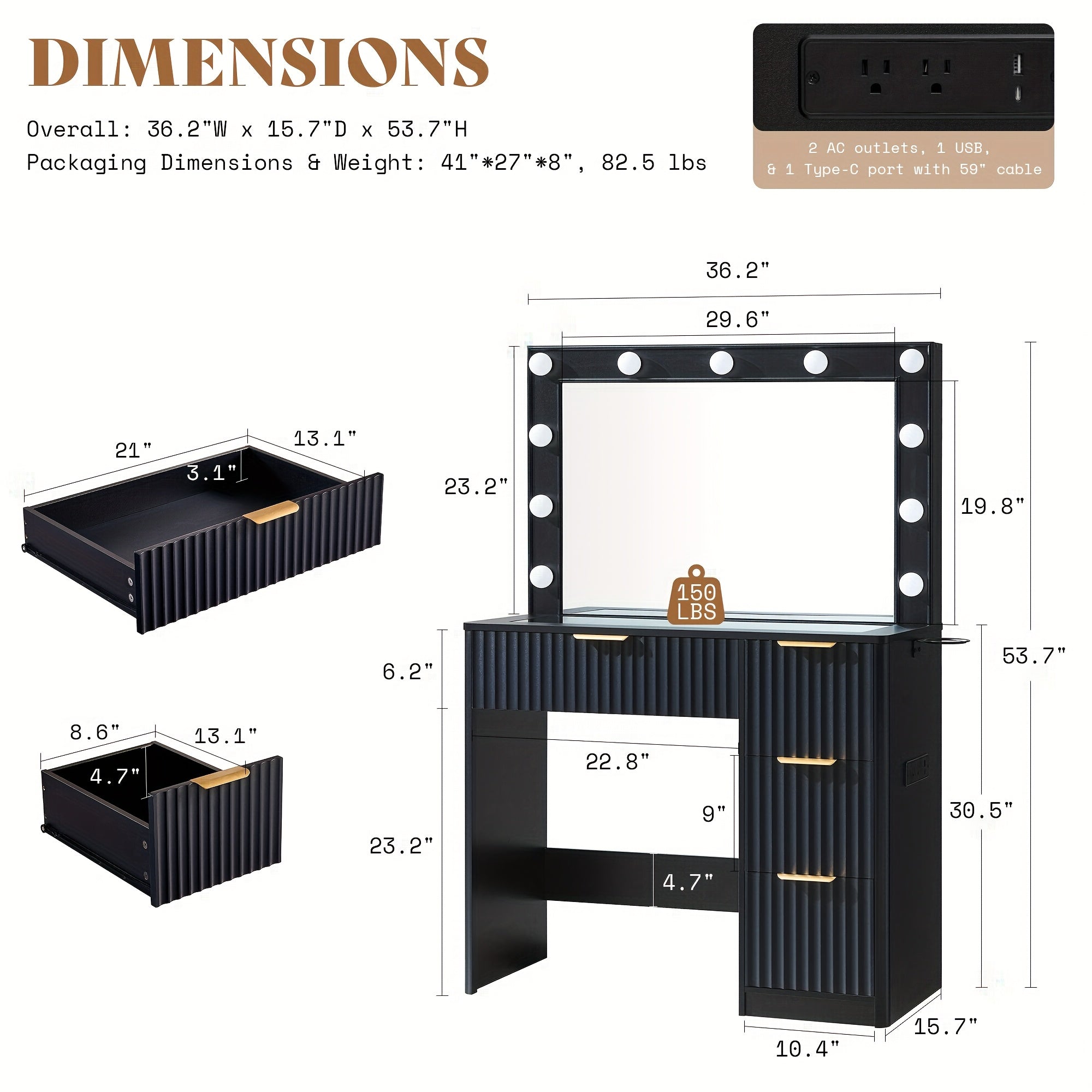Fluted Vanity Desk With Large Mirror