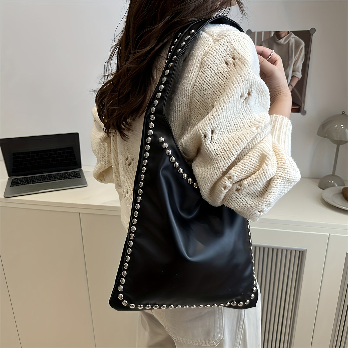 Women's Retro Punk Gothic Handbag - Edgy Shoulder Tote with Zipper Closure, White/Black Handheld Bag, Punk Style Purse for Casual & Formal Outfits, Durable Everyday Shoulder Bag