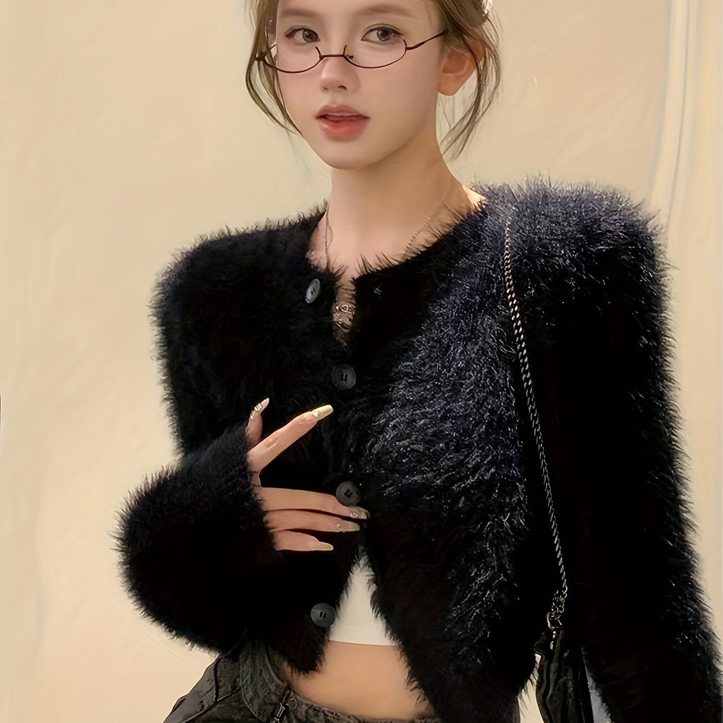 Women's Sexy Plush Cardigan - Black Faux Fur Trim Cropped Button-Front Sweater, Soft Warm Open Front Design for Spring/Autumn, Versatile Chic Layering Piece for Casual to Formal Outfits, Cardigan Sweater, Autumn Wardrobe, Tre