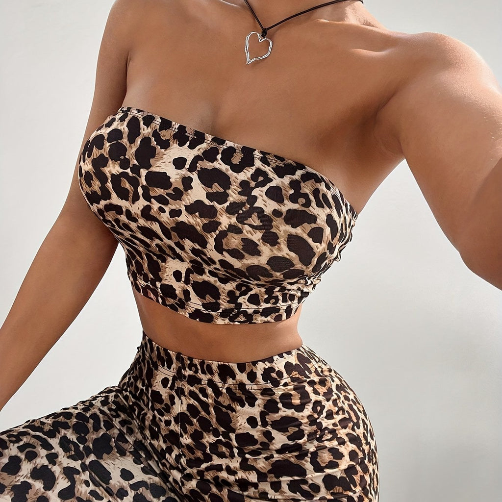 Leopard Print Bodycon Mini Dress with Bell Sleeves and Flared Pants