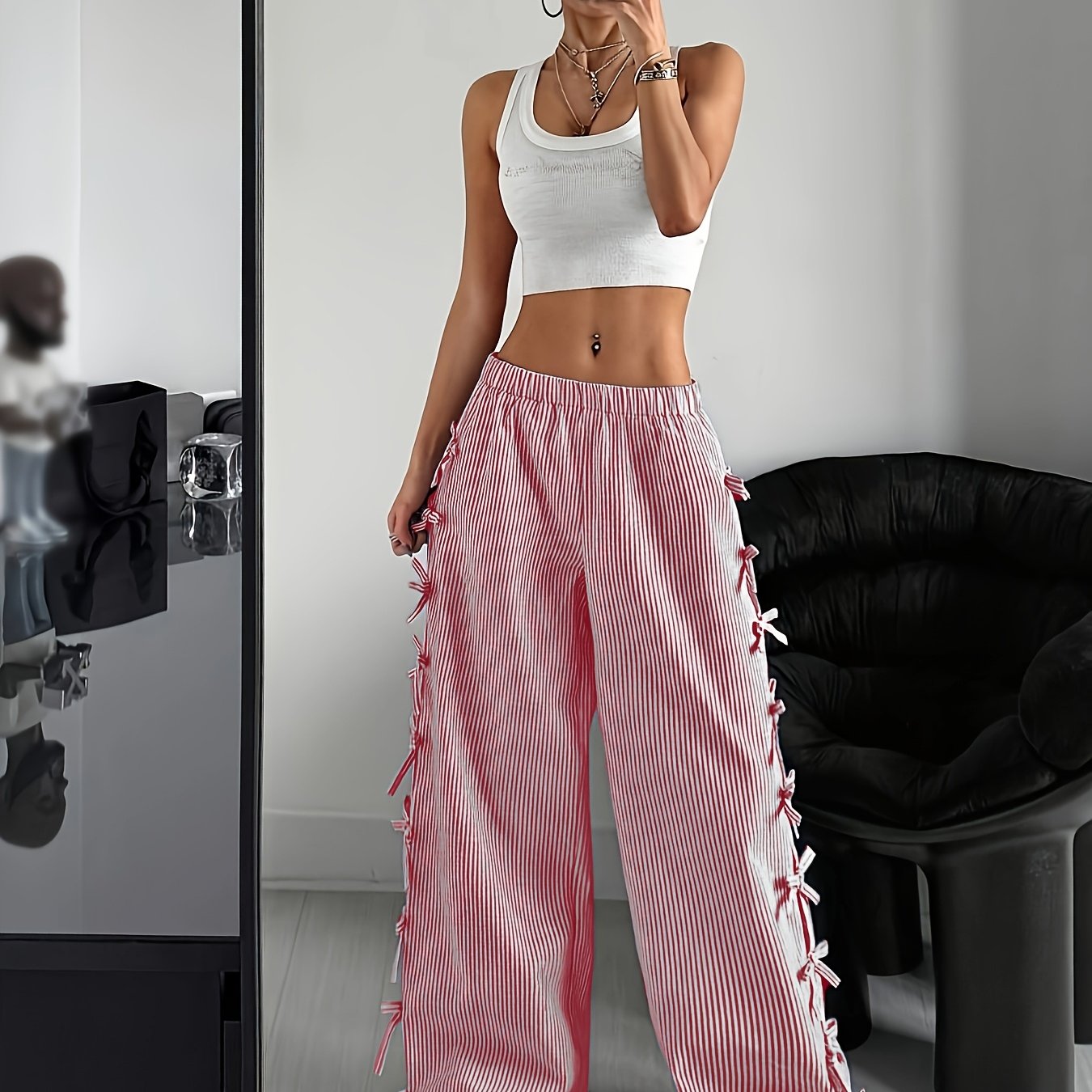 Pink & White Horizontal Striped Wide-Leg Bell-Bottom Pants with Ruffled Hem & Bow Tie Waist