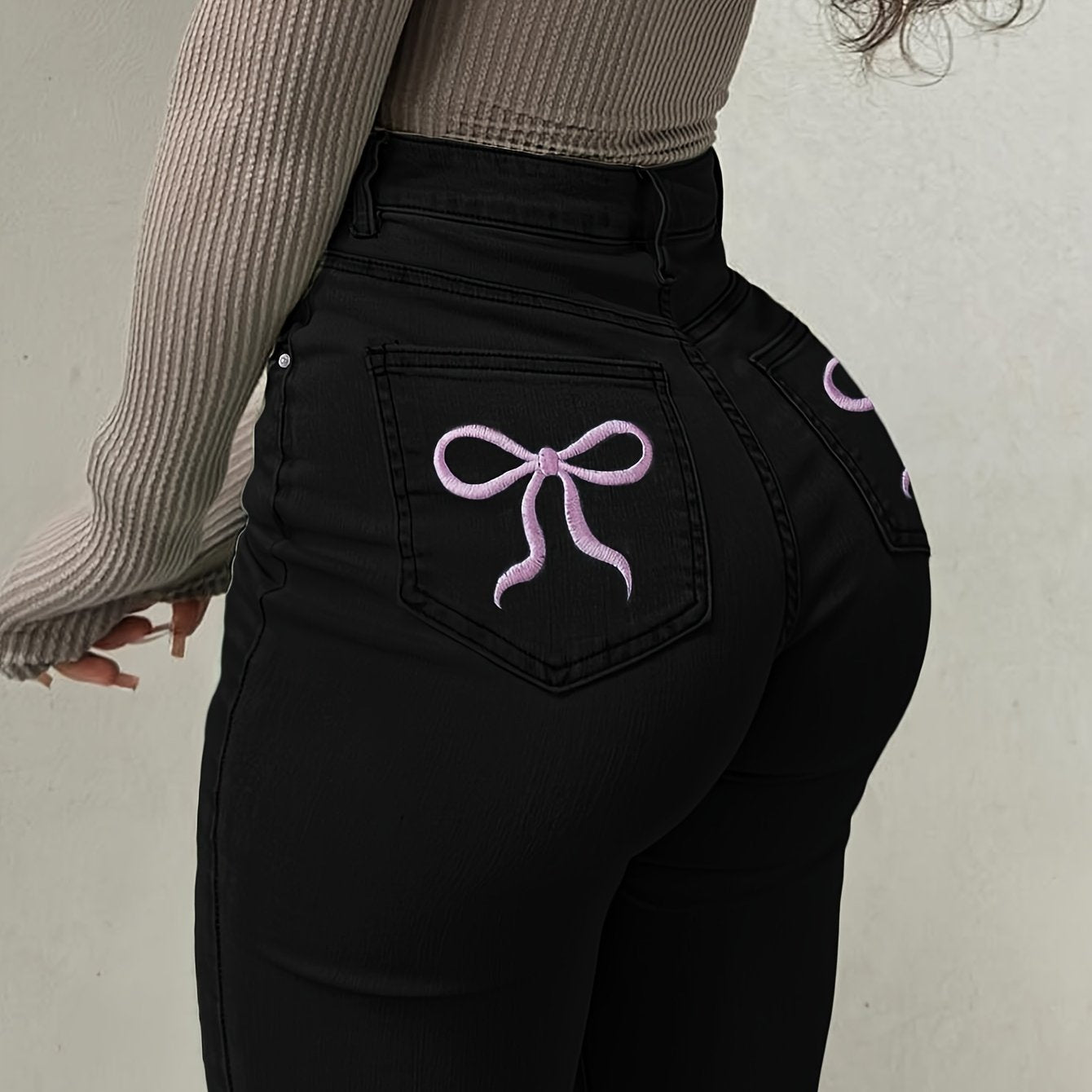 Women'S High-Waisted Stretch Denim Flare Jeans with Embroidered Bow Detail, Street Style Casual Pants, All-Season Comfort, Blue, High Waisted Jeans, Comfortable Fashion, Durable Fabric