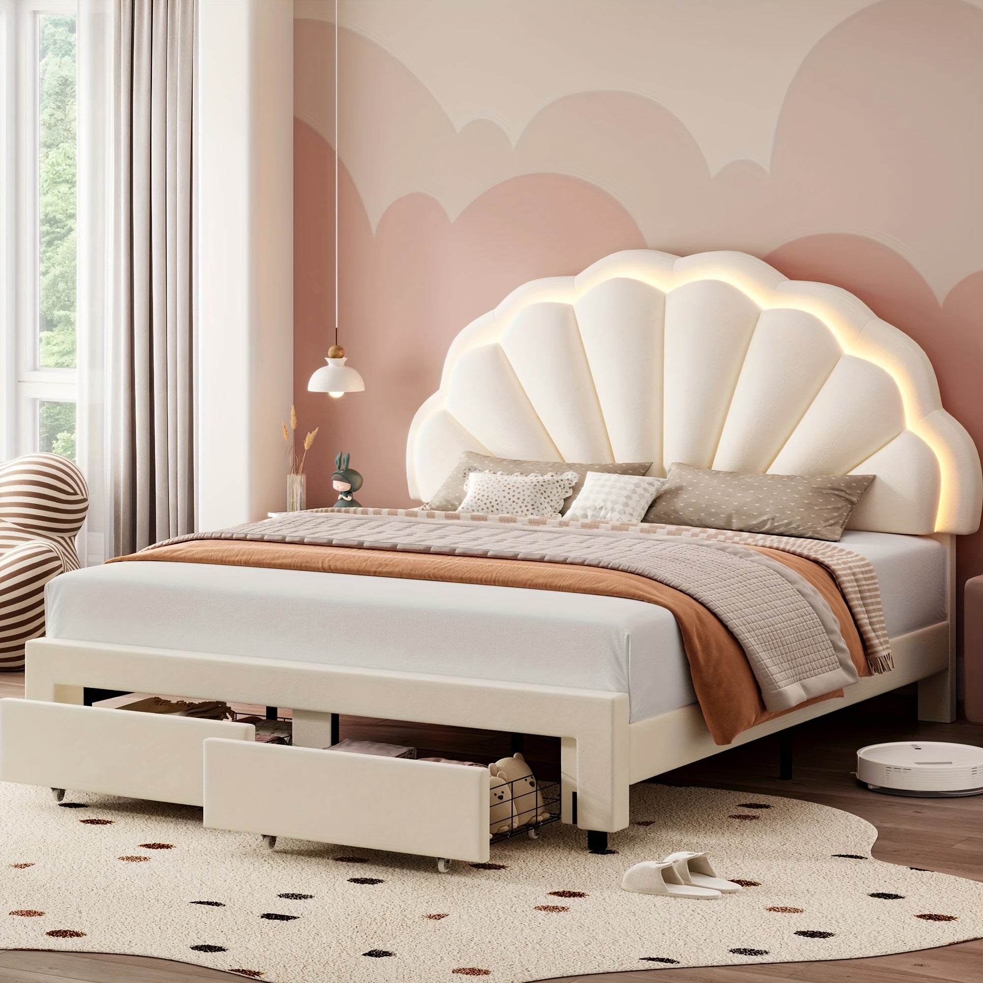 Velvet Upholstered Platform Bed With Adjustable Floral Headboard