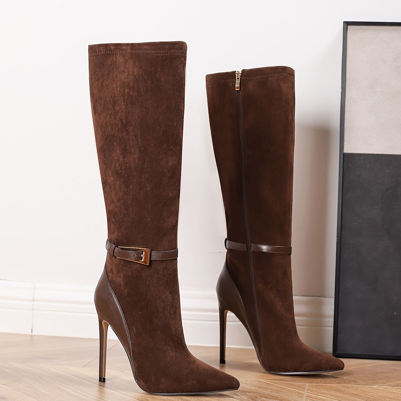 Elegant Brown Knee-High Stiletto Boots with Zipper Closure