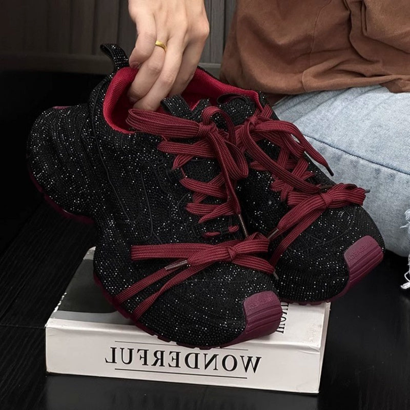 Rhinestone-Adorned Thick-Soled Dad Sneakers