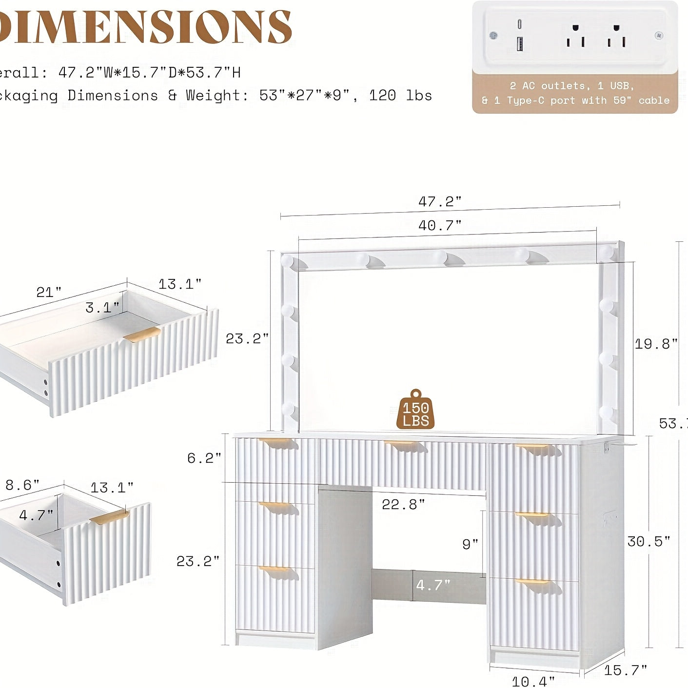 Fluted Vanity Desk With Large Mirror
