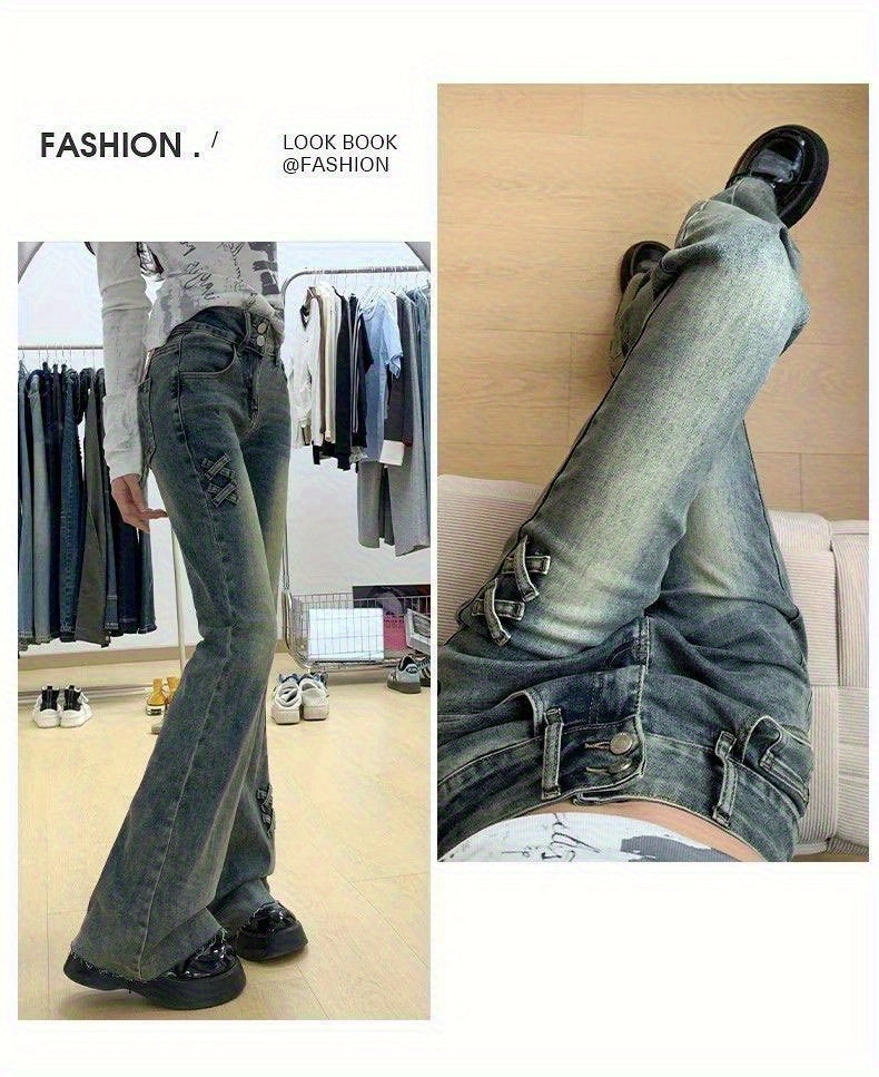 Retro Double Button Flared Jeans