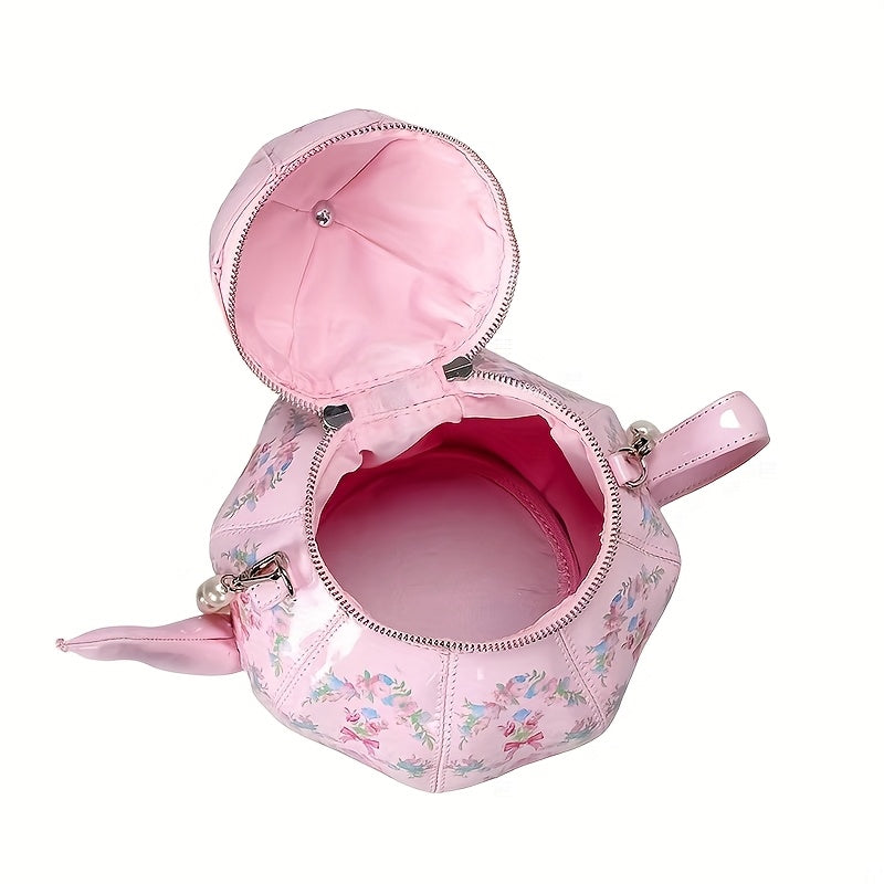 Pink Floral Tea Society Handbag for Women - Chic Designer Handbag with Pearl Strap, Adjustable & Stylish, Polyester Lined, Zip Closure, Perfect for Everyday Use Or Special Occasion