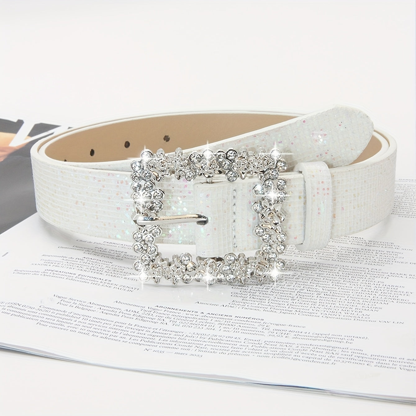 Rhinestone PU Leather Belt with Metallic Buckle